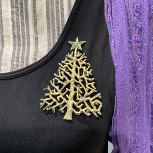 SOLD - Vintage Gold Tone Christmas Tree Brooch with Crystals